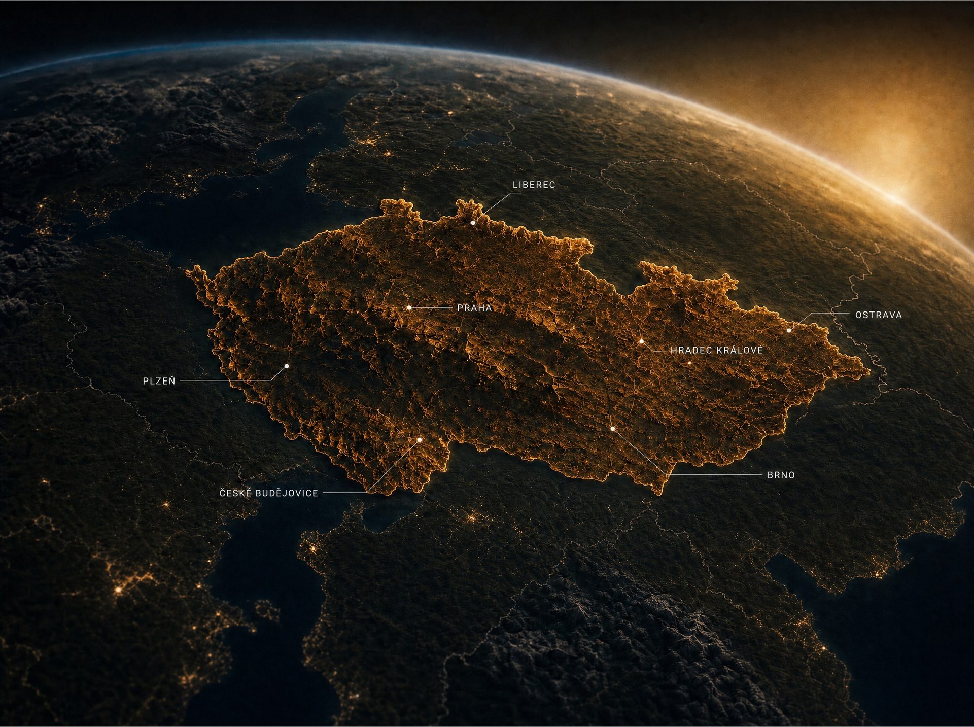 Mapa České republiky z vesmíru — nemovitosti v Česku
